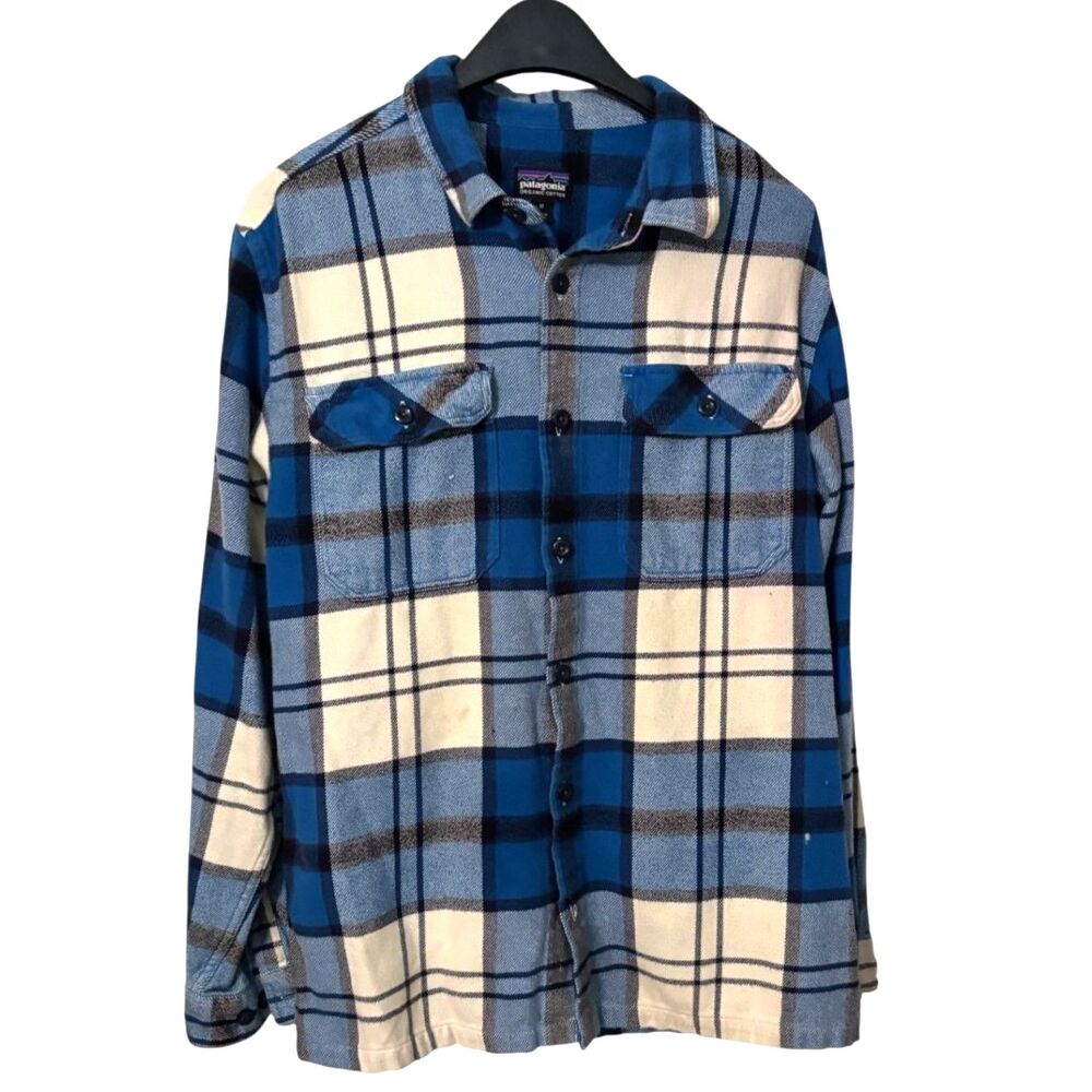 Patagonia Organic Cotton Plaid Flannel Shirt Blue White Men's Medium